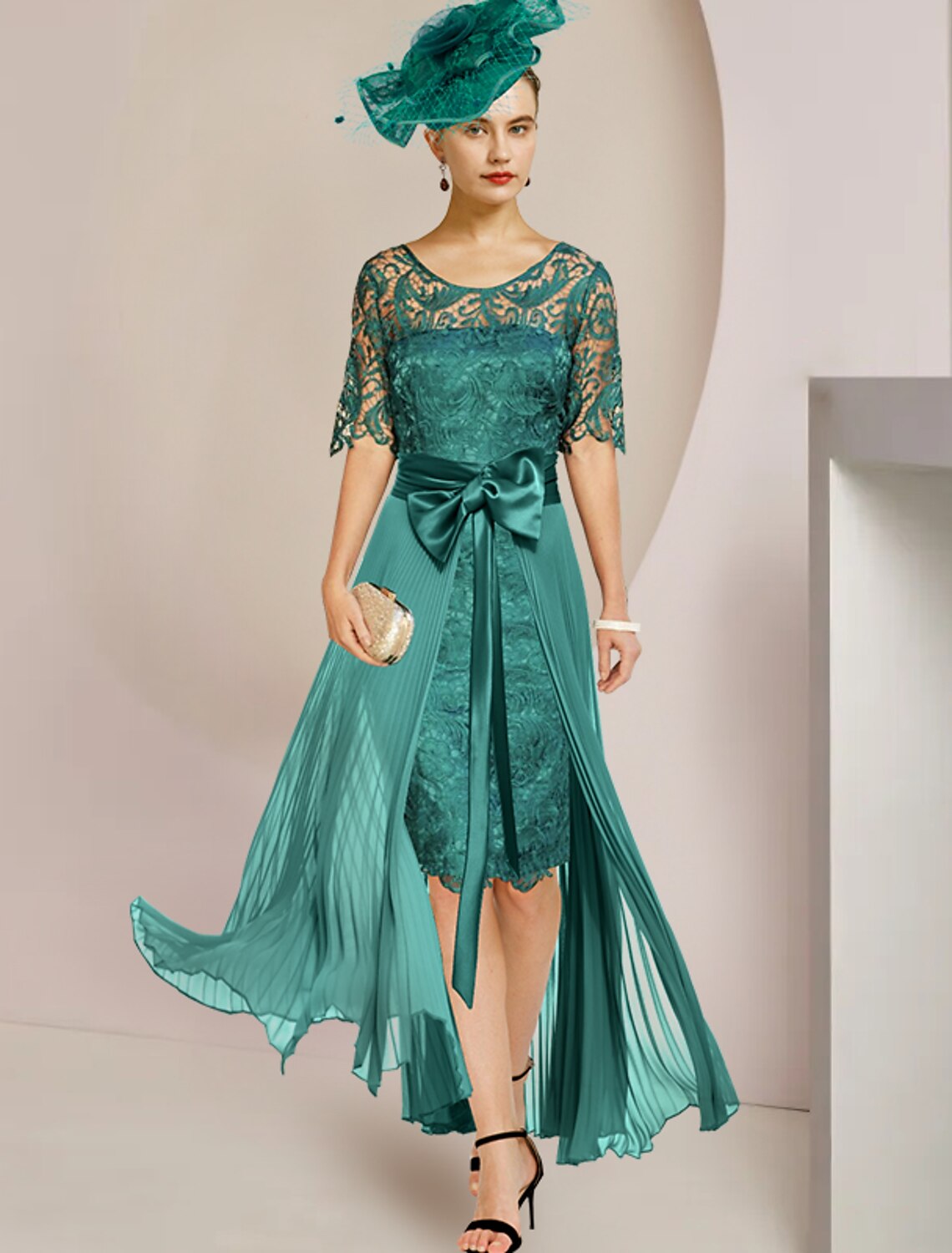 Zweiteiliges Etuikleid/Säulenkleid für die Mutter der Braut, formeller Hochzeitsgast, elegant, abnehmbar, U-Ausschnitt, knielang, Chiffon, Spitze, ärmellos, mit Schleife(n), Falten, Applikationen